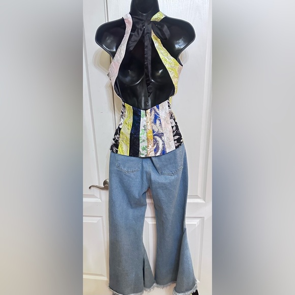 Upcycled two piece Colorful Patchwork brocade Denim and top set size S - Picture 5 of 7